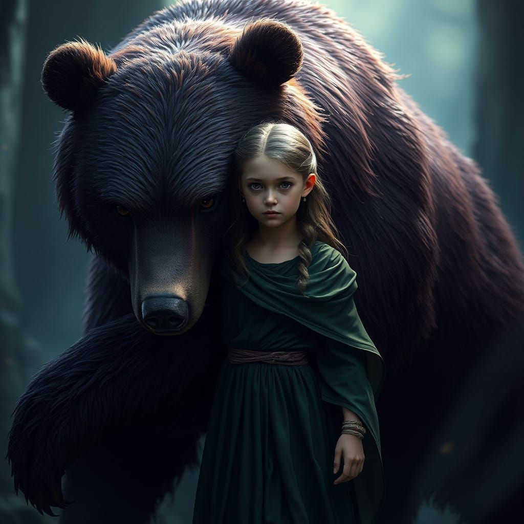 Greek Goddess Protected by Majestic Bear in Dark Fantasy Con...
