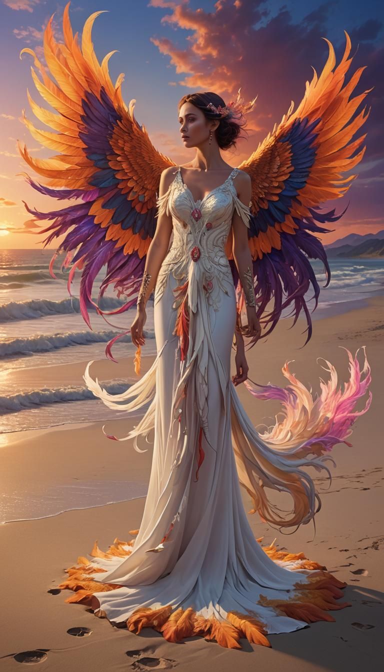 Woman and Phoenix on Beach: Fantasy Concept Art