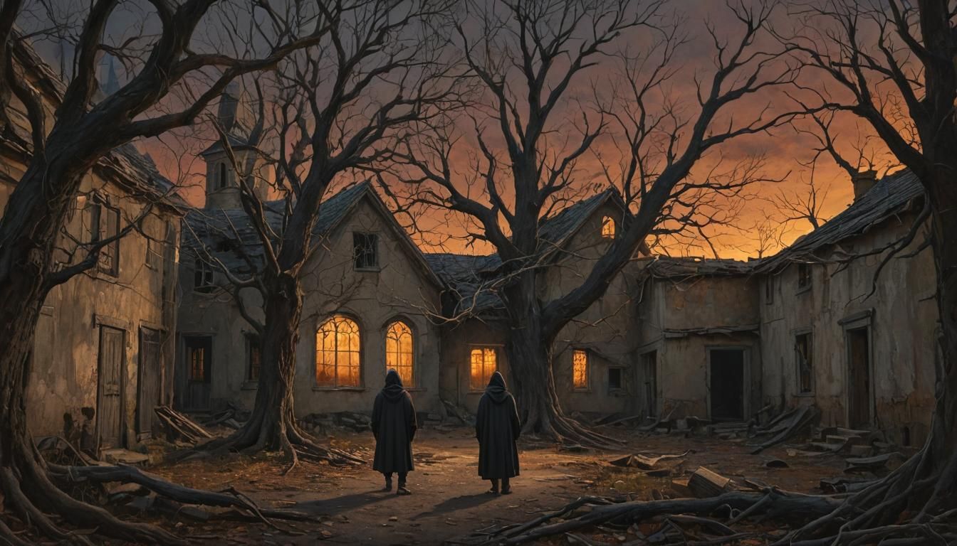 Hooded Figure in Abandoned Village: Abstract Expressionist P...