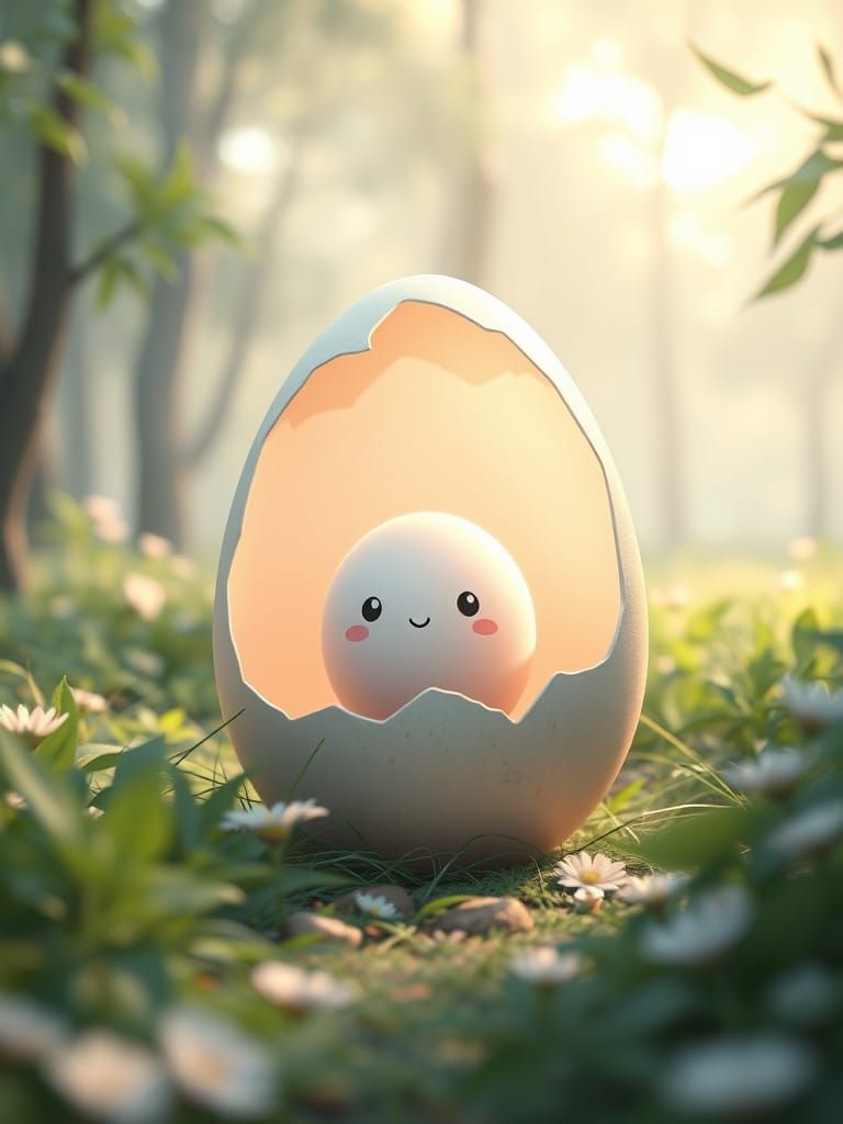 Cute Egg Hatches in Forest, 3D Anime Style