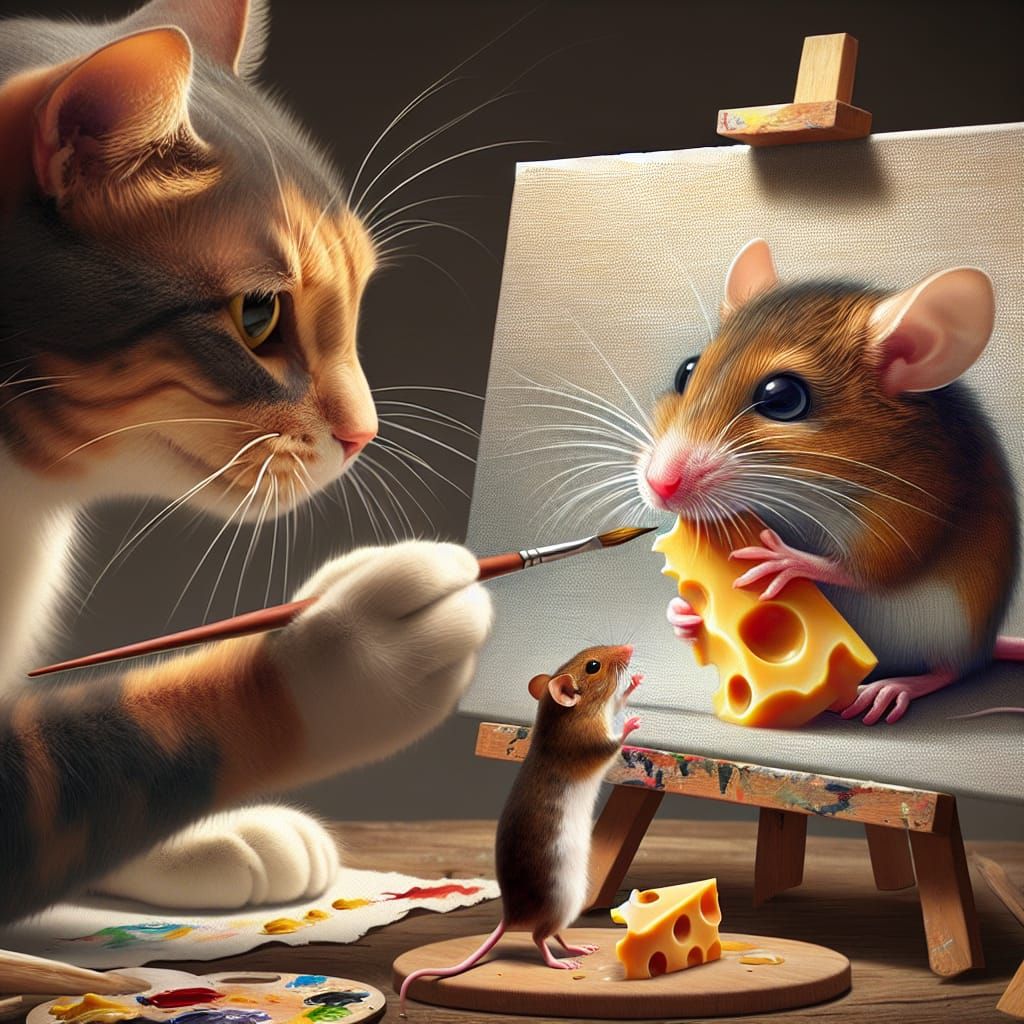 Cat Painting His Mouse Friend's Portrait