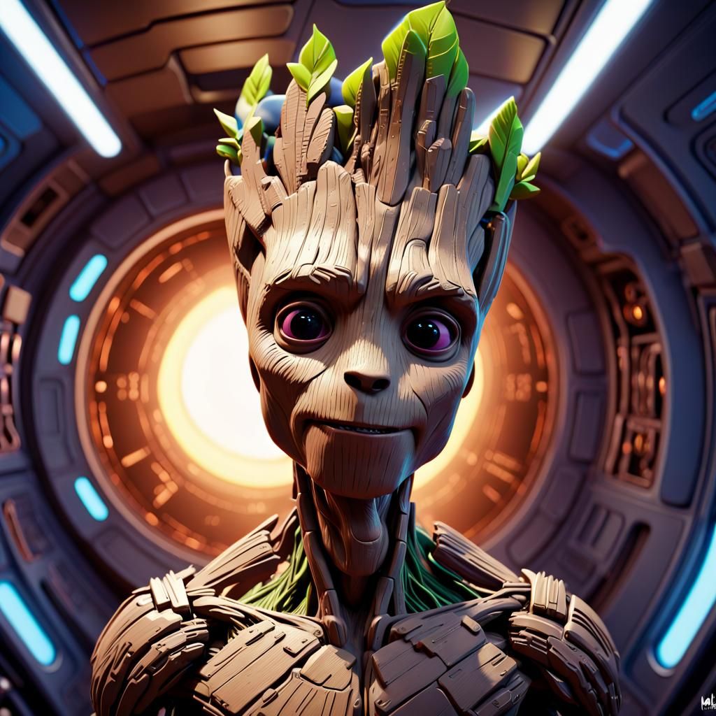Pixar-Style Portrait of Groot as Spaceship Crew Member