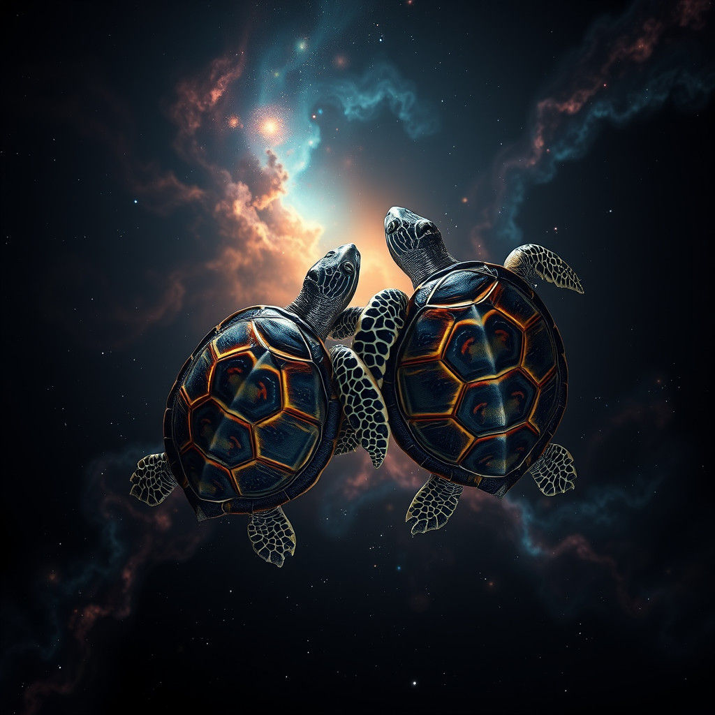 Space Turtles Embrace in Ethereal Nebula