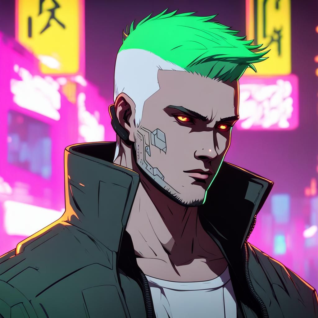 Cyberpunk Oni Bard with Emerald Eyes