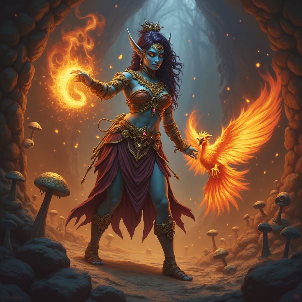 Troll Fire Mage Confronts Skeletons in a Haunting Dungeon Sc...