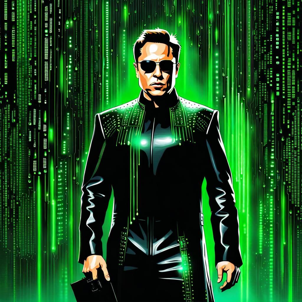 Elon Musk as Neo in the Matrix, wearing a black leather jump...