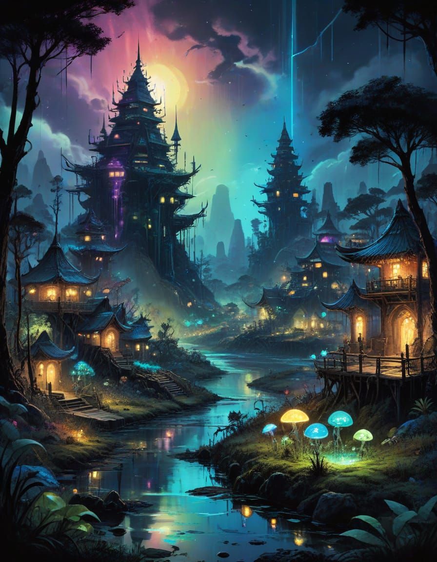 Whimsical Fantasy Village Erupts in Rainbow-Colored Twilight