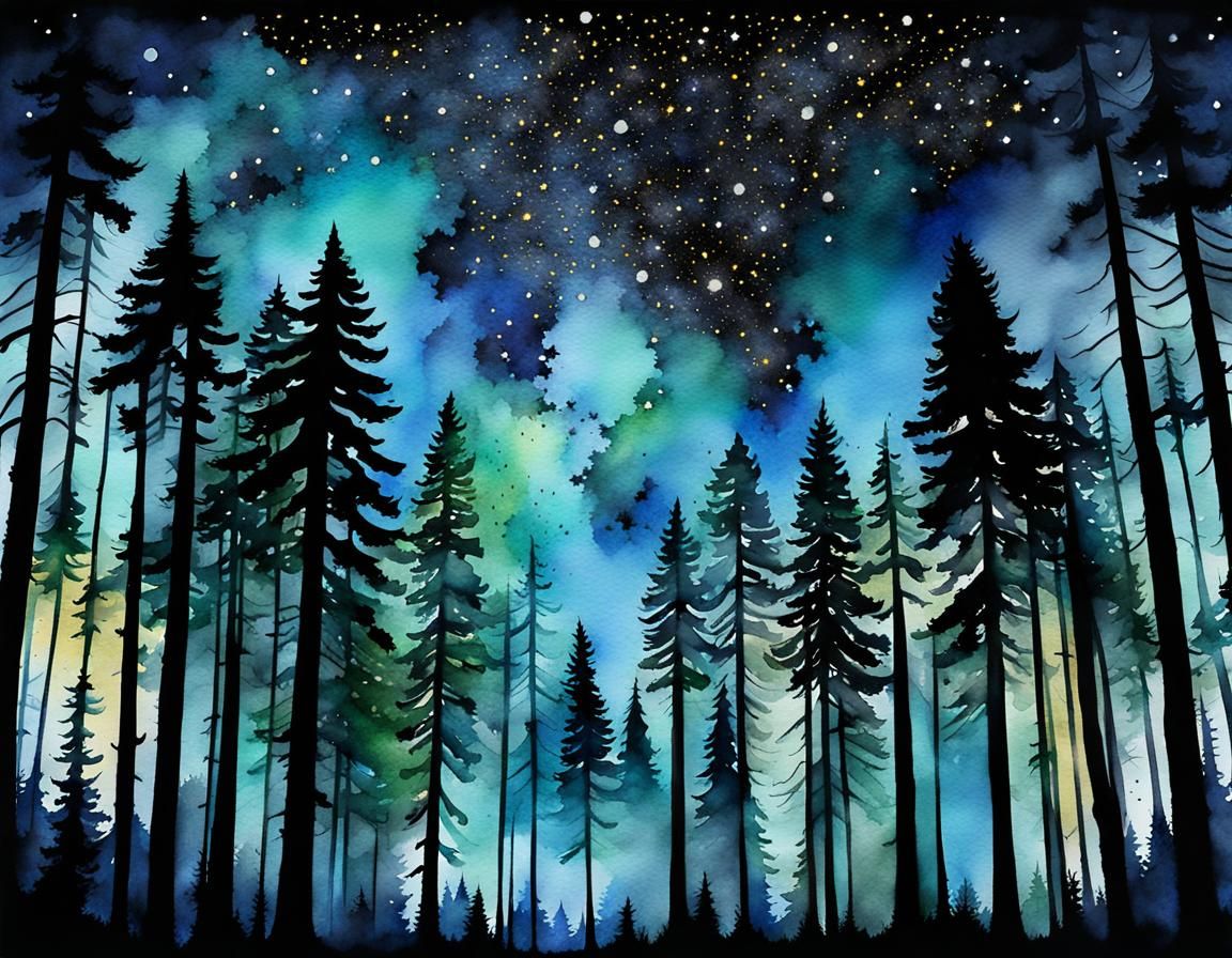 Cosmic Redwood Forest Watercolor at Night