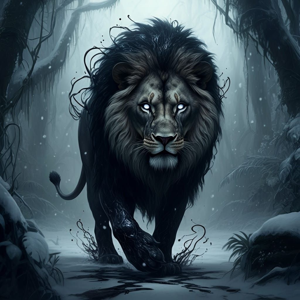 Majestic Venom-Infused Lion Strides Through Snowy Jungle