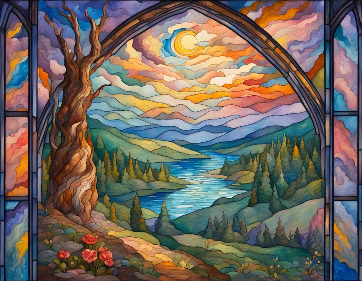 Dreamy Stained Glass in Gouache Watercolor Style