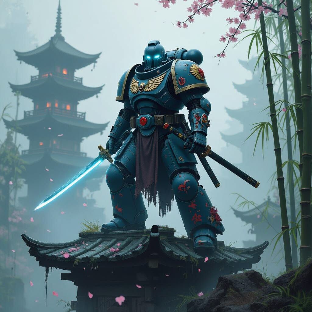 Cybernetic Space Marine with Katana in Neon Landscape