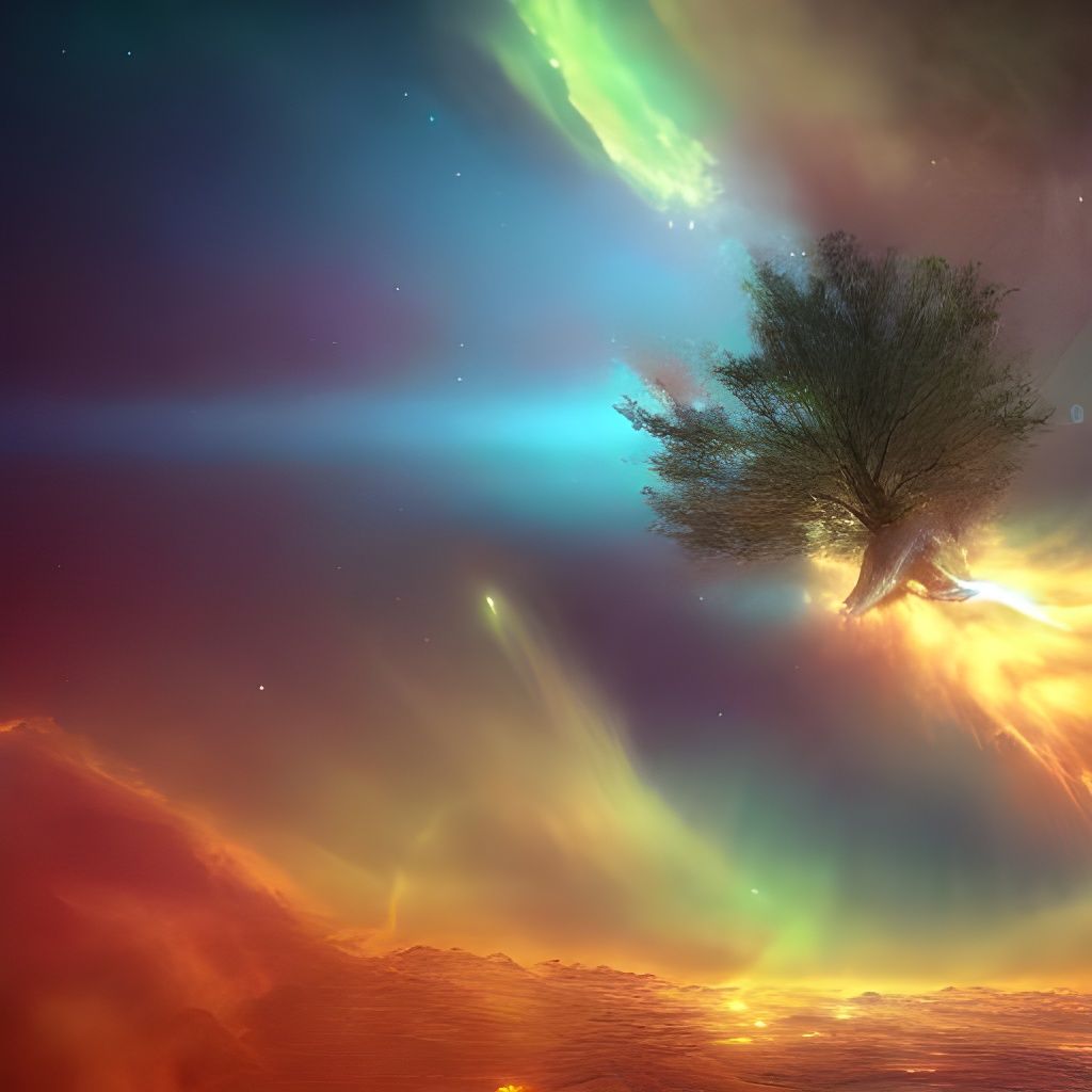 Tree on Spaceship Soaring Through Nebula