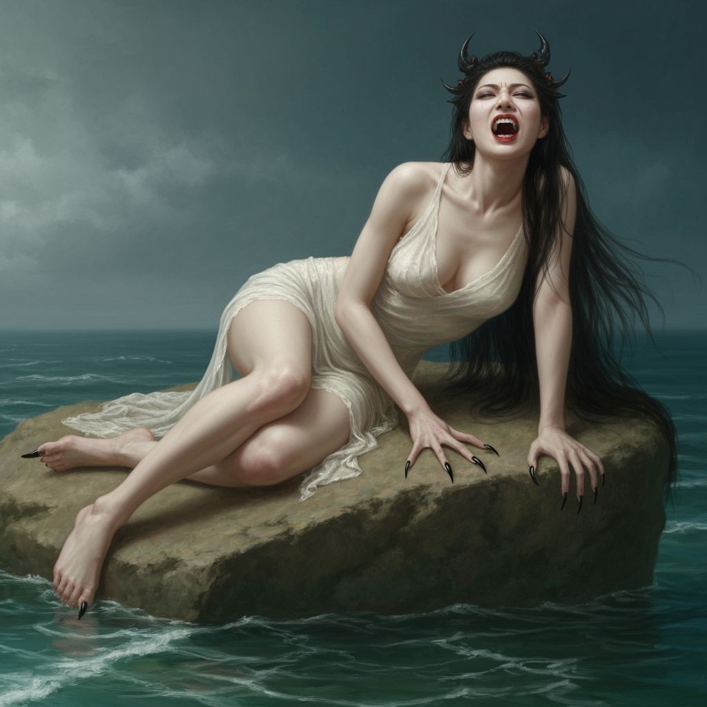 Scary Asian Sirens Lounging on Ocean Rock in Oil Painting St...
