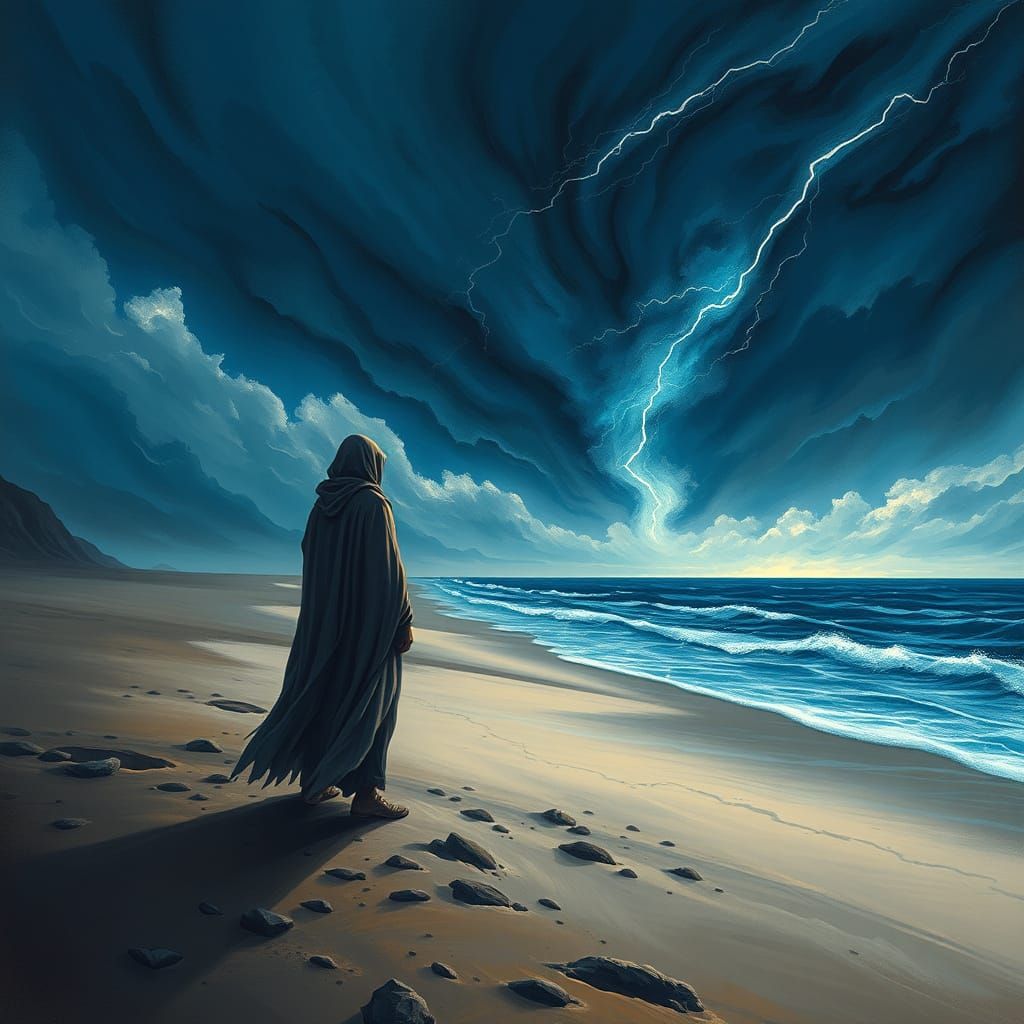 Lone Figure on Stormy Beach in Romantic Style