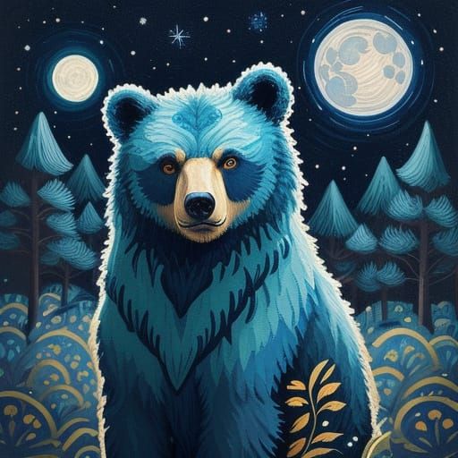 Charming Bear Under Full Moon Naive Art Painting