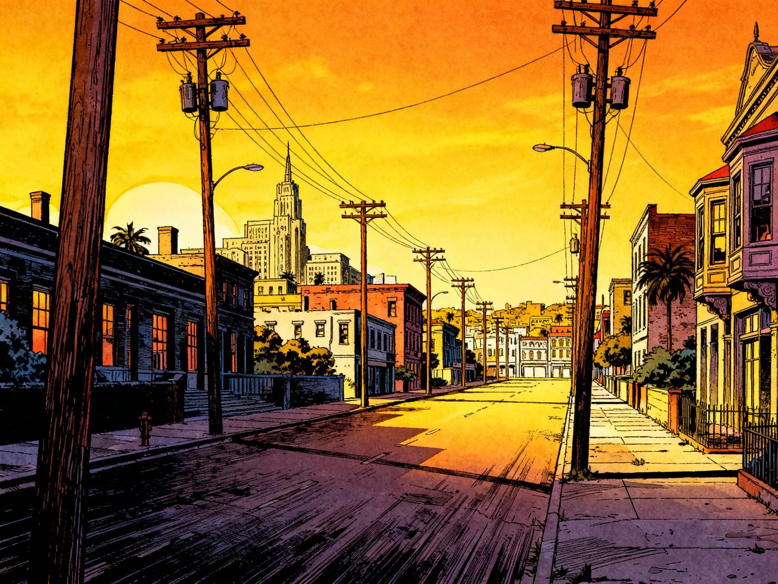 Vibrant Cityscape at Golden Hour with Bold Lines