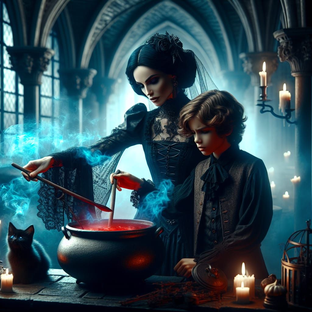Gothic Witch and Apprentice Brewing Potion
