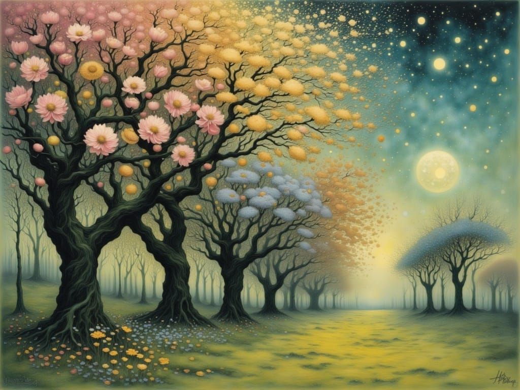 Blossoming Apple Garden in Vibrant Surrealist Style