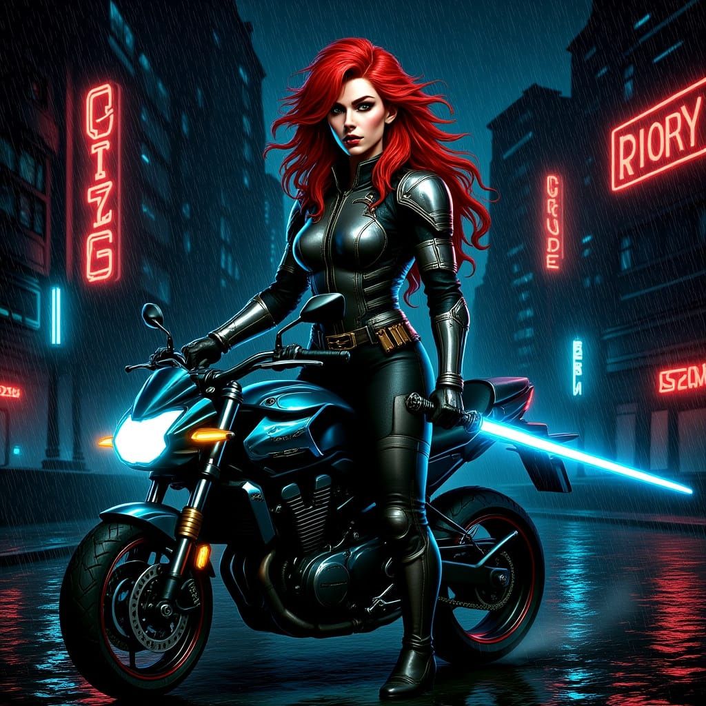 Cybernetic Celtic Warrior Queen in Cyberpunk City