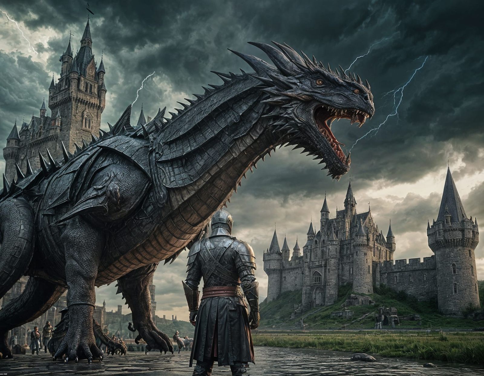 Epic Dragon and Knight Battle in a Lightning Storm