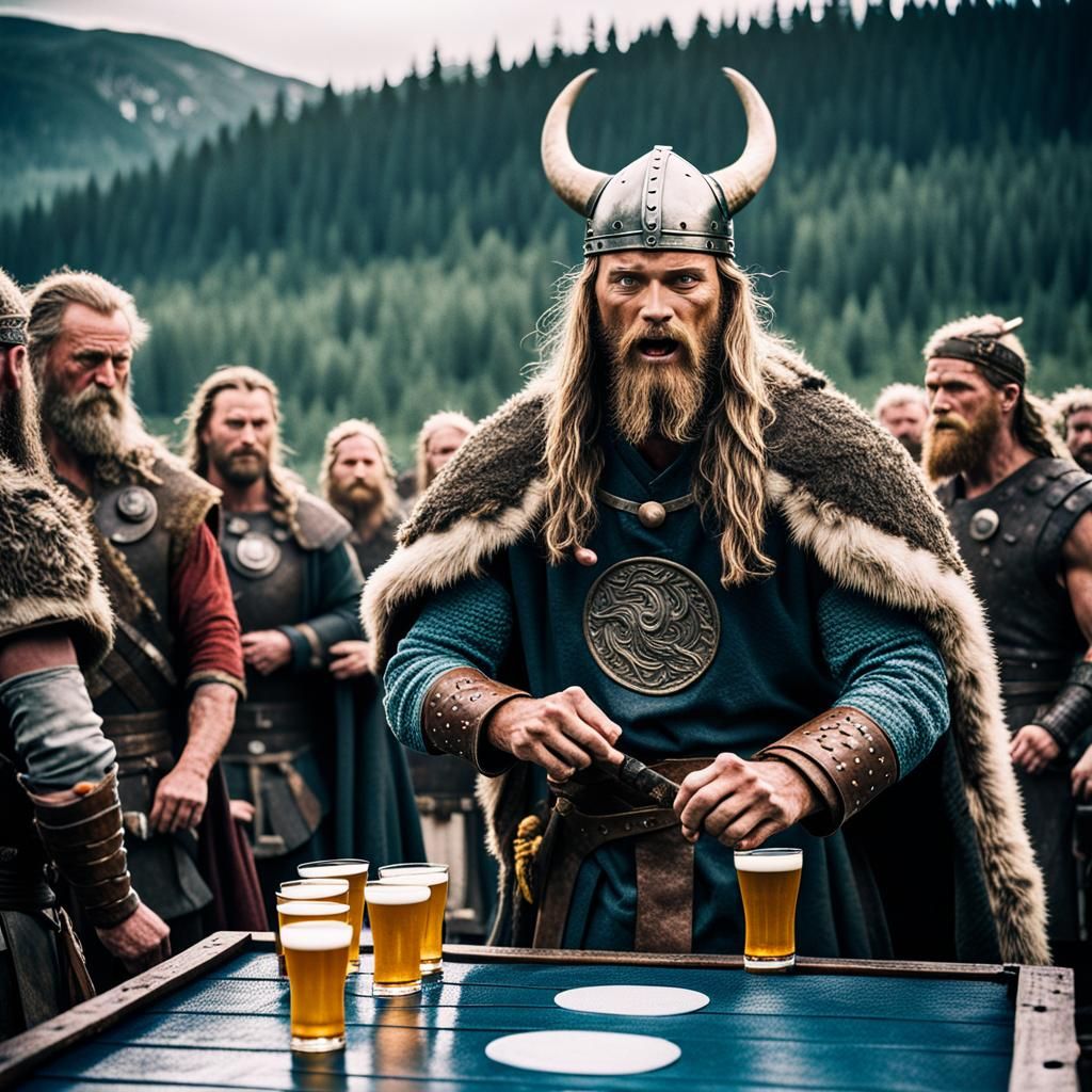 Vikings Playing Beer Pong: A Cinematic Film Still