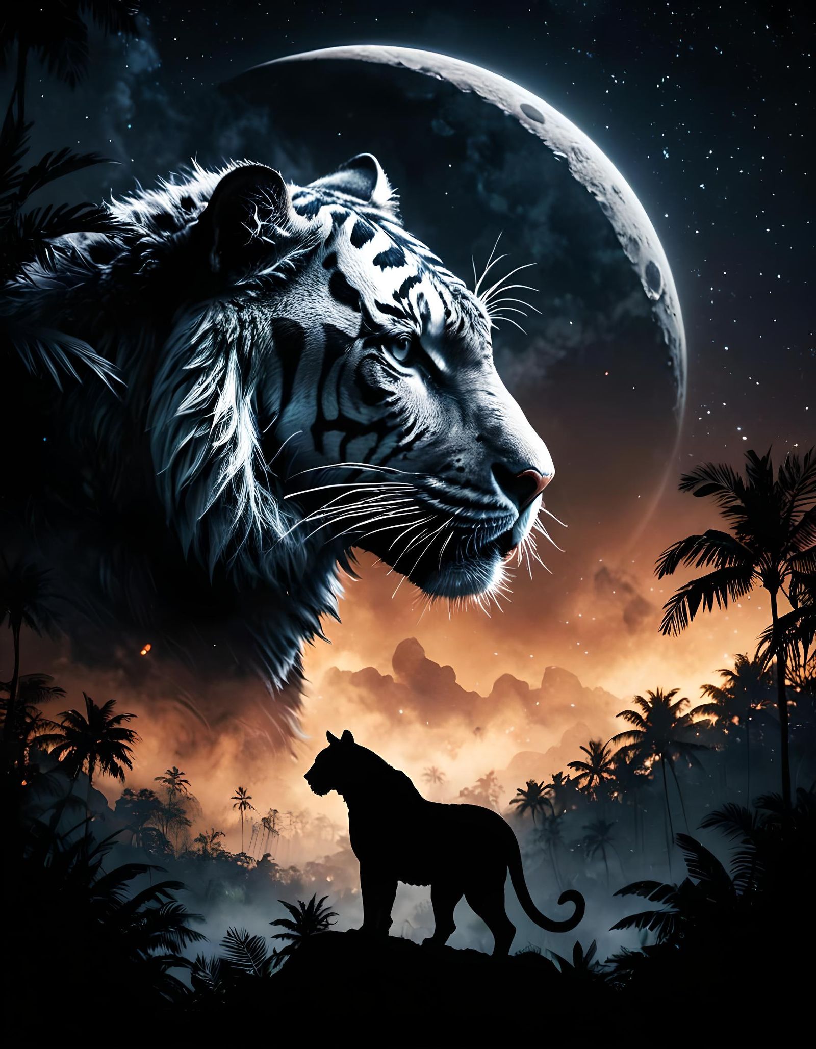 Cinematic Tiger Silhouette Under a Crescent Moon