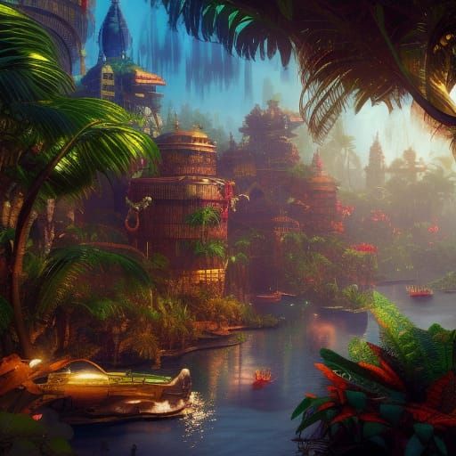 Lush Tropical City in Detailed Matte Painting