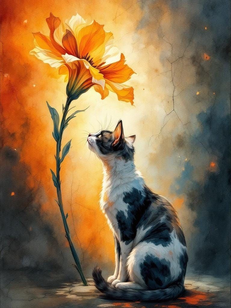 Cat Under Flower in Chiaroscuro Watercolor Style