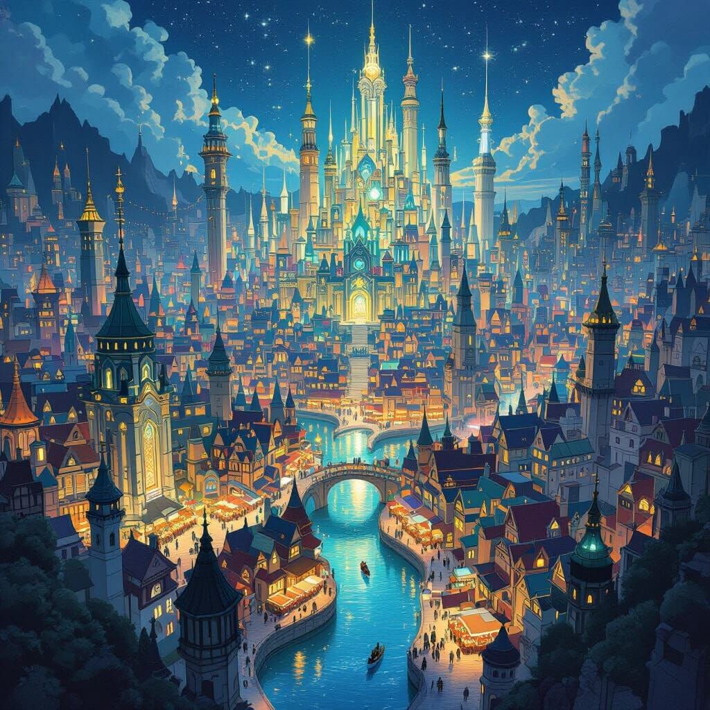 Magical Fantasy Cityscape Inspired by Studio Ghibli