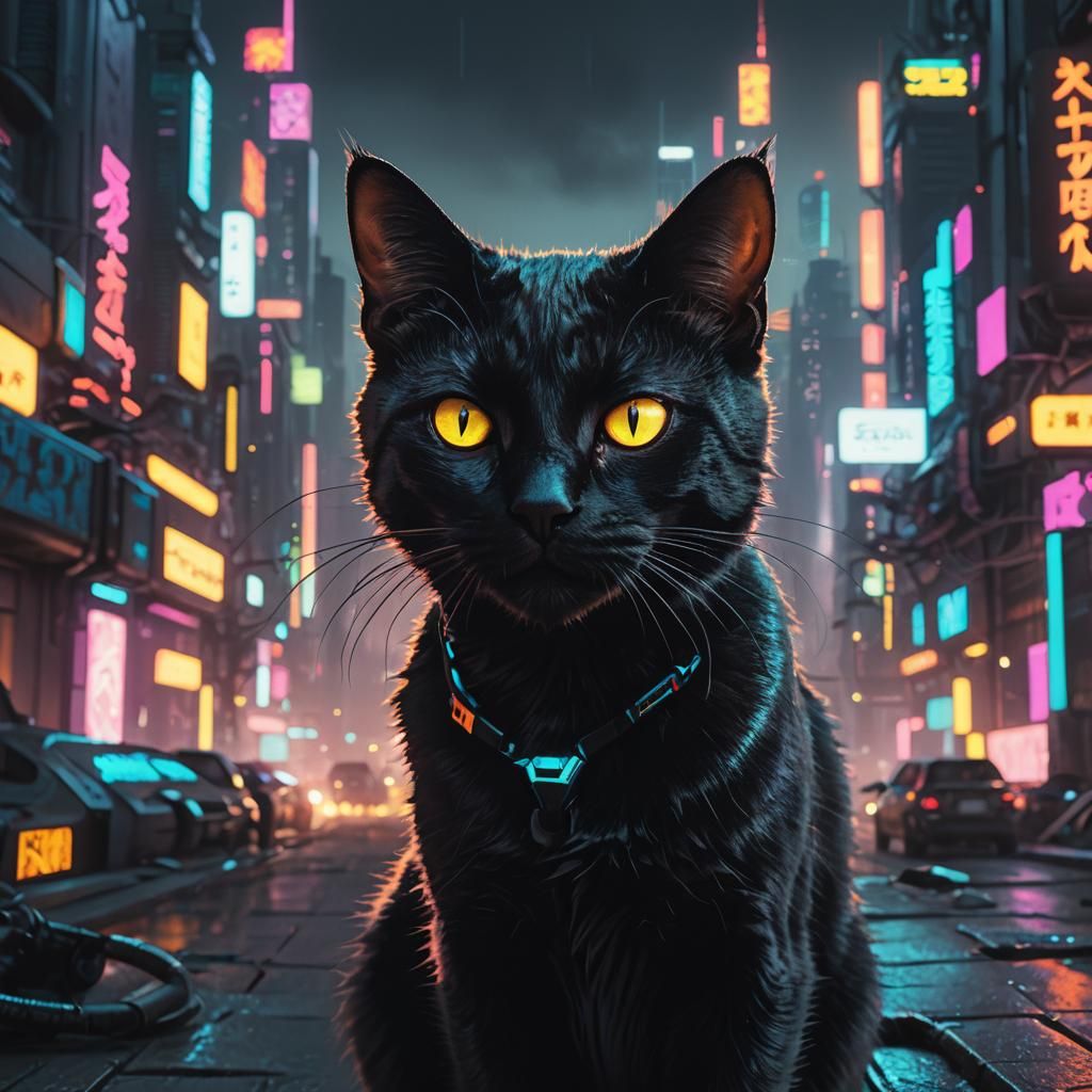 Black Cat in Neon Cyberpunk Cityscape