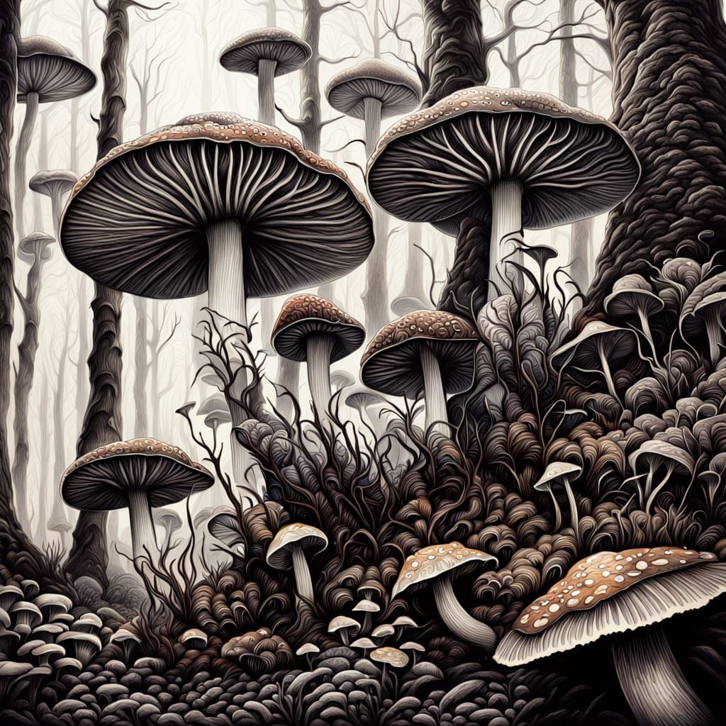 Vibrant Fungi in Misty Forest, Charcoal Drawing