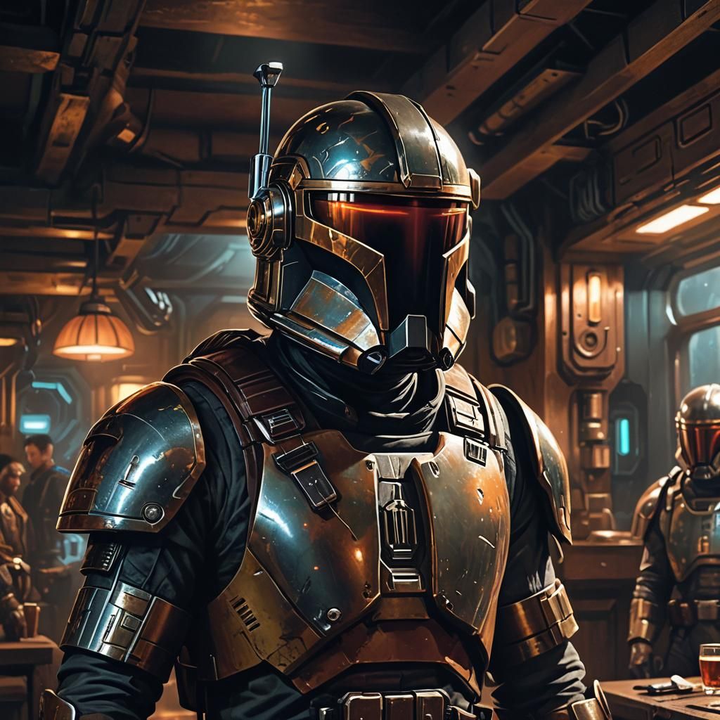 Sci-Fi Bounty Hunter in Dimly Lit Cantina
