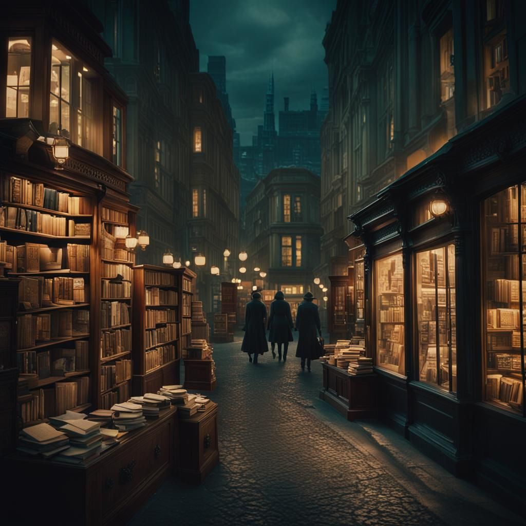 Romantic Cityscape with Bookshops: Cinematic Film Still