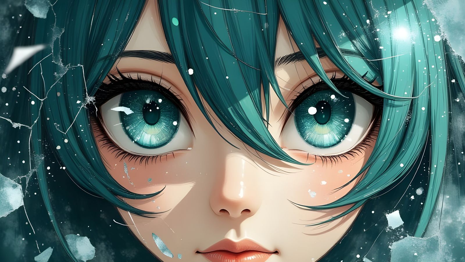 Hatsune Miku Shattered Glass Portrait in Anime Style