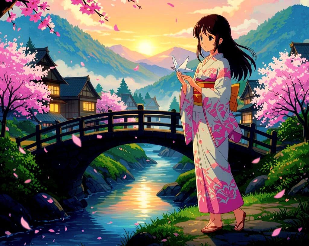 Serene Anime Sunrise with Girl in Kimono