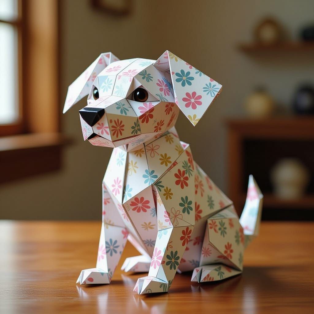 Colorful Origami Dog on Wooden Table