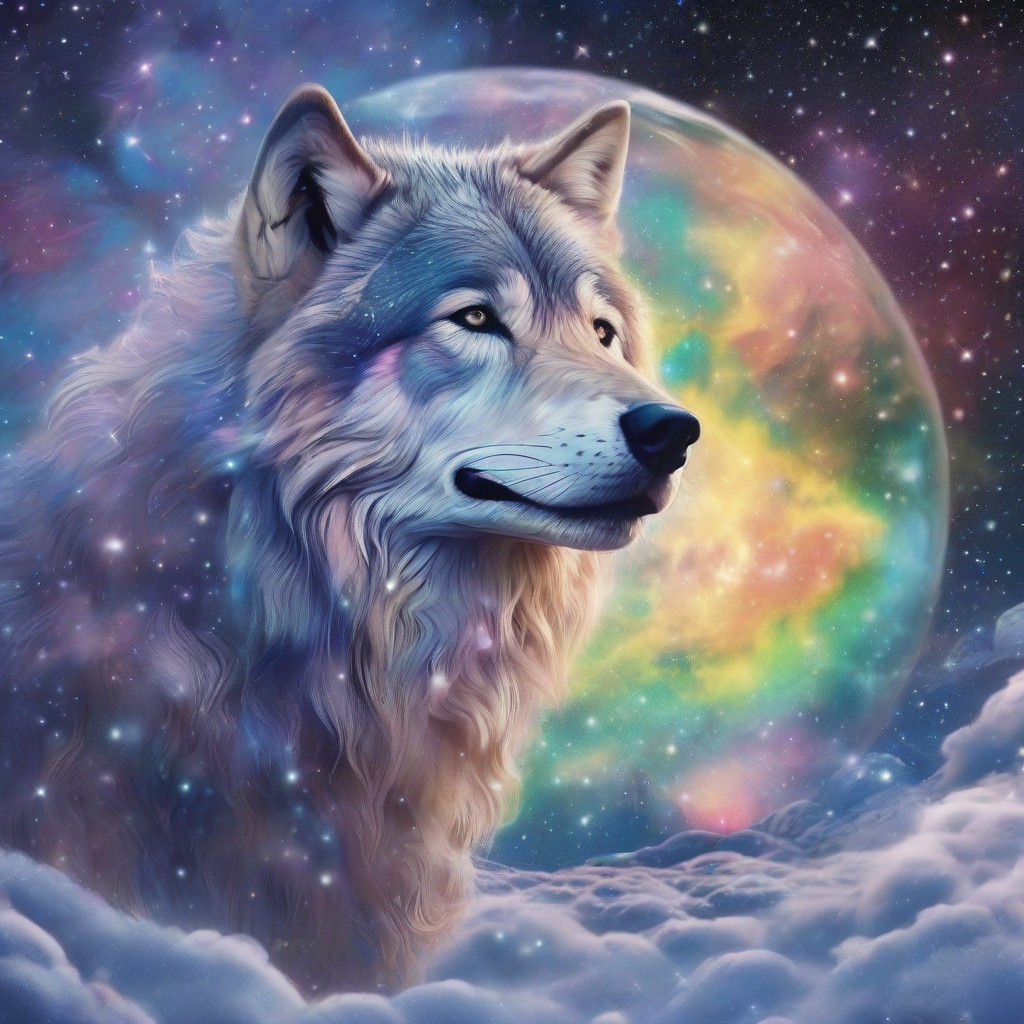 Wolf in Cosmic Snow Globe, Swirling Clouds and Stars