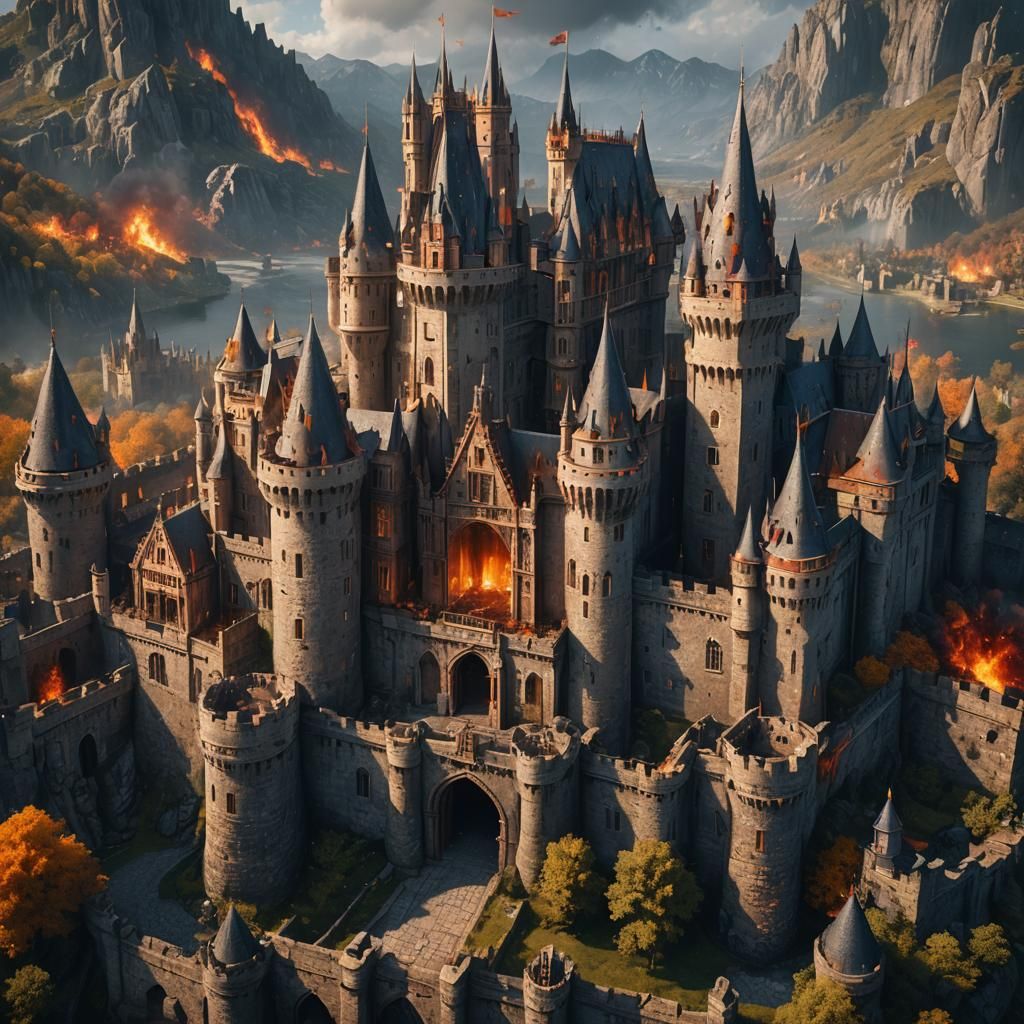 Fiery Castle Portrait in Detailed Matte Painting Style