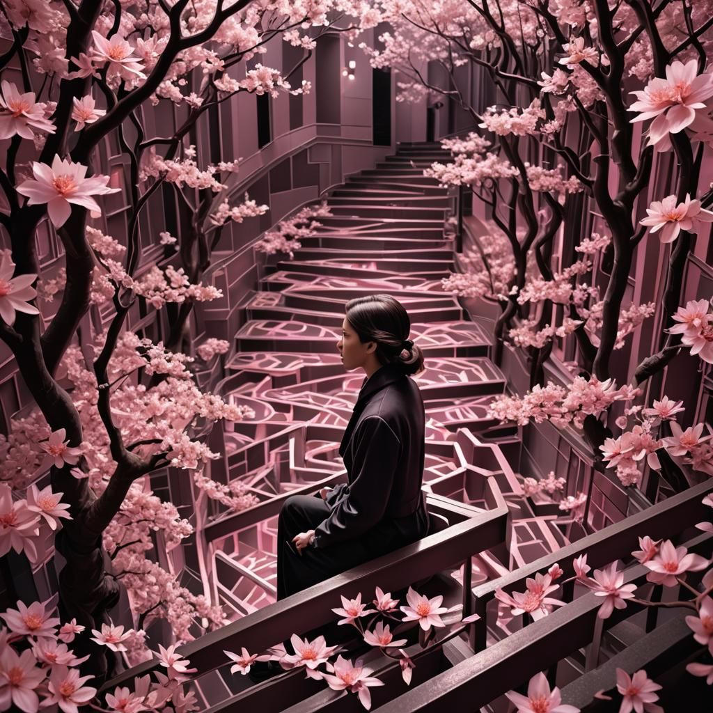 Surreal Cherry Blossom Maze in Art Deco Style
