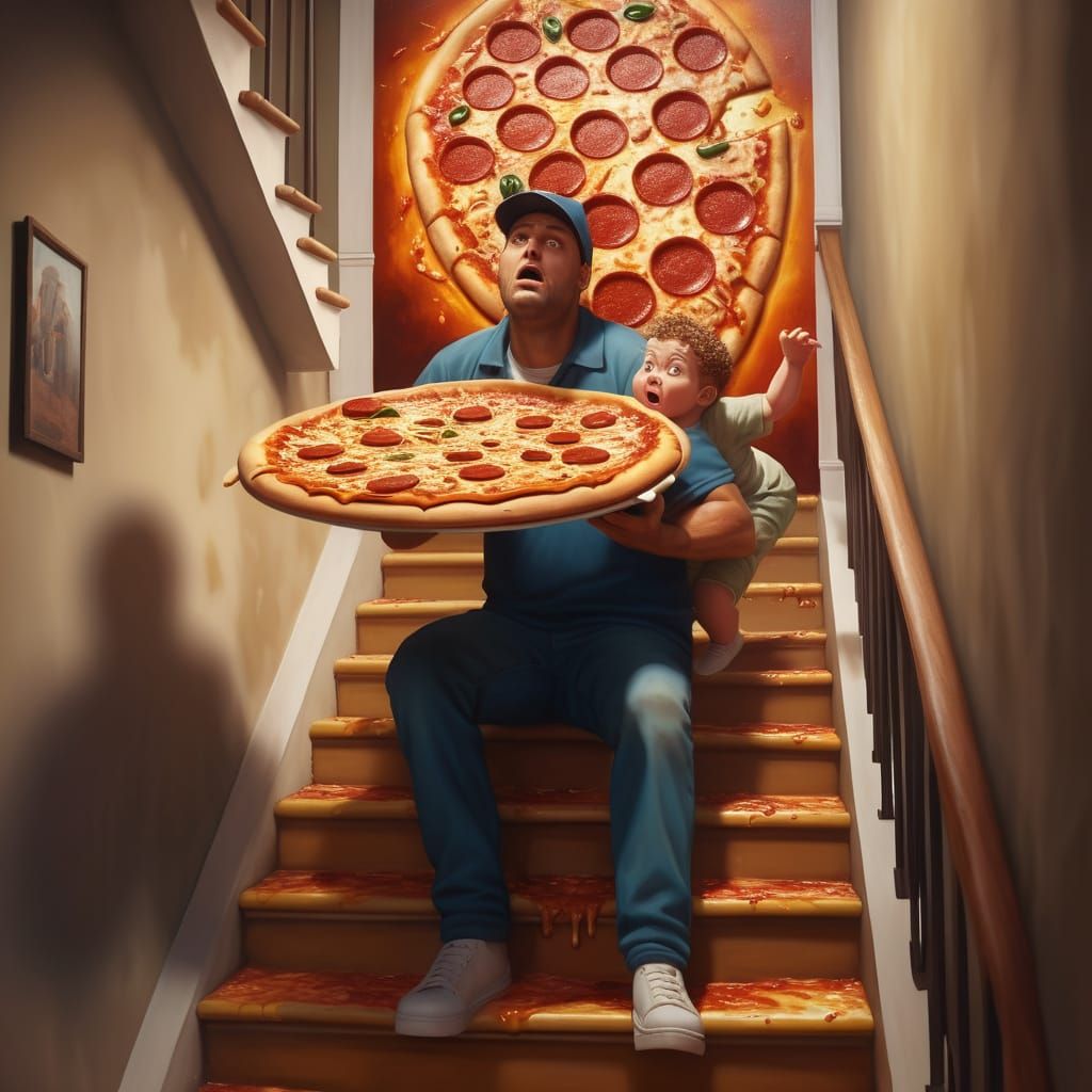 Surreal Pizza Family Drama in Oil Painting Style