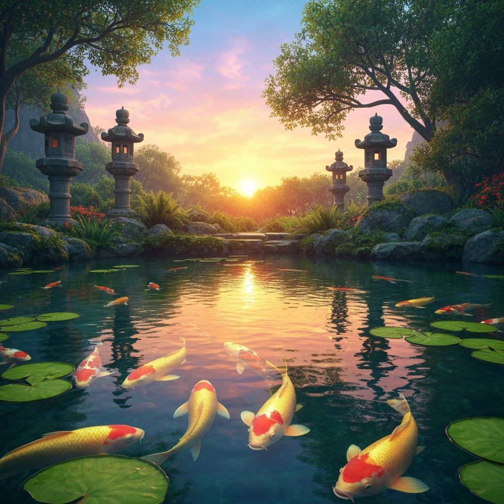 Serene Koi Pond Sunset in Hyperrealistic Style
