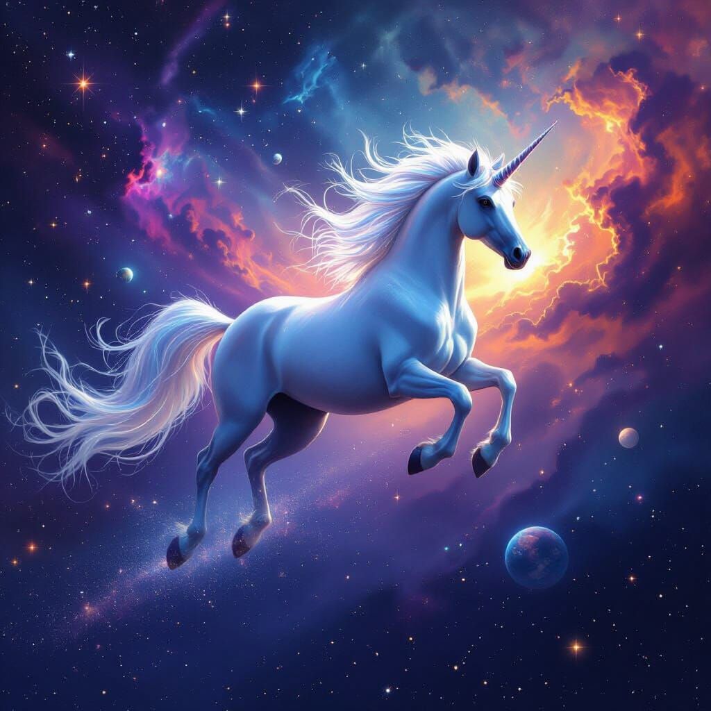 Iridescent Unicorn Soars Through Vibrant Galaxy