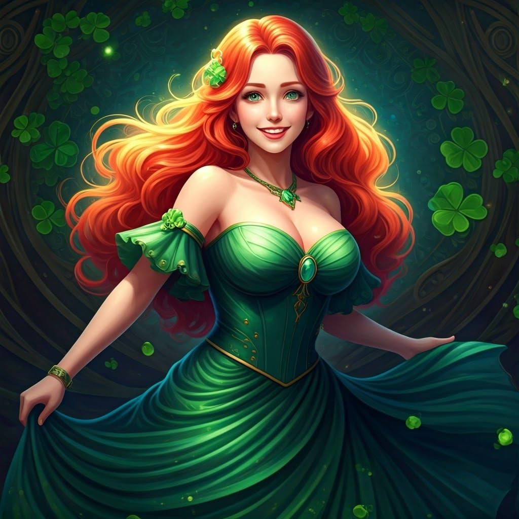 Vibrant Anime Goddess Amidst Emerald Shamrocks