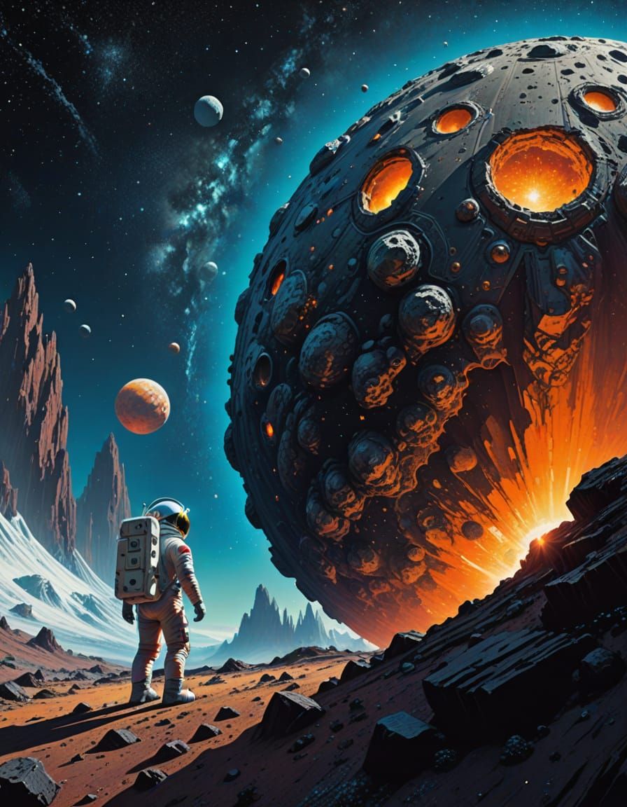 Astronaut Reaches Crystalline Asteroid in Cosmic Nebula