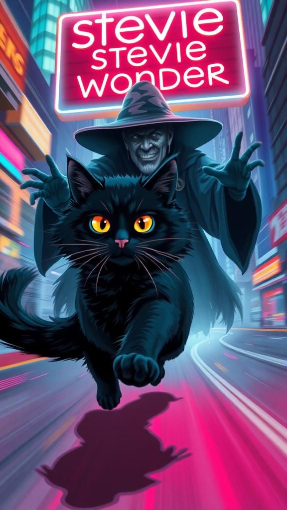 Anime Black Cat Runs in Neon Cityscape