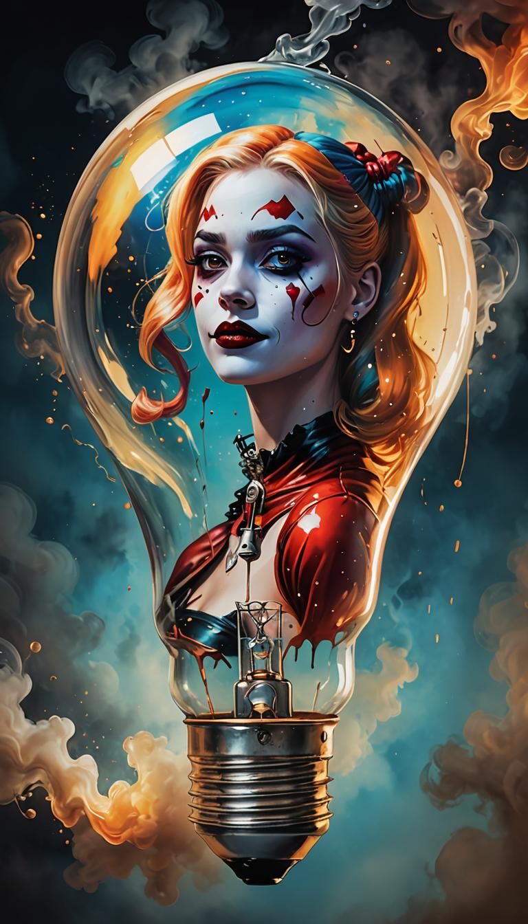 Harley Quinn Surrealist Portrait in Light Bulb