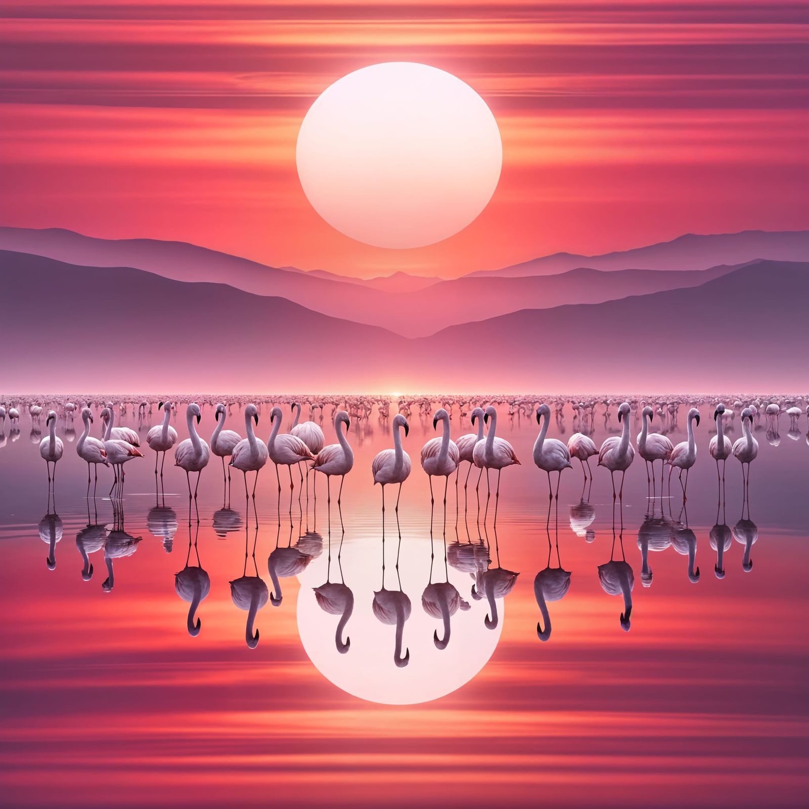 Surreal Sunset with Flamingos in Soft Pink Glow