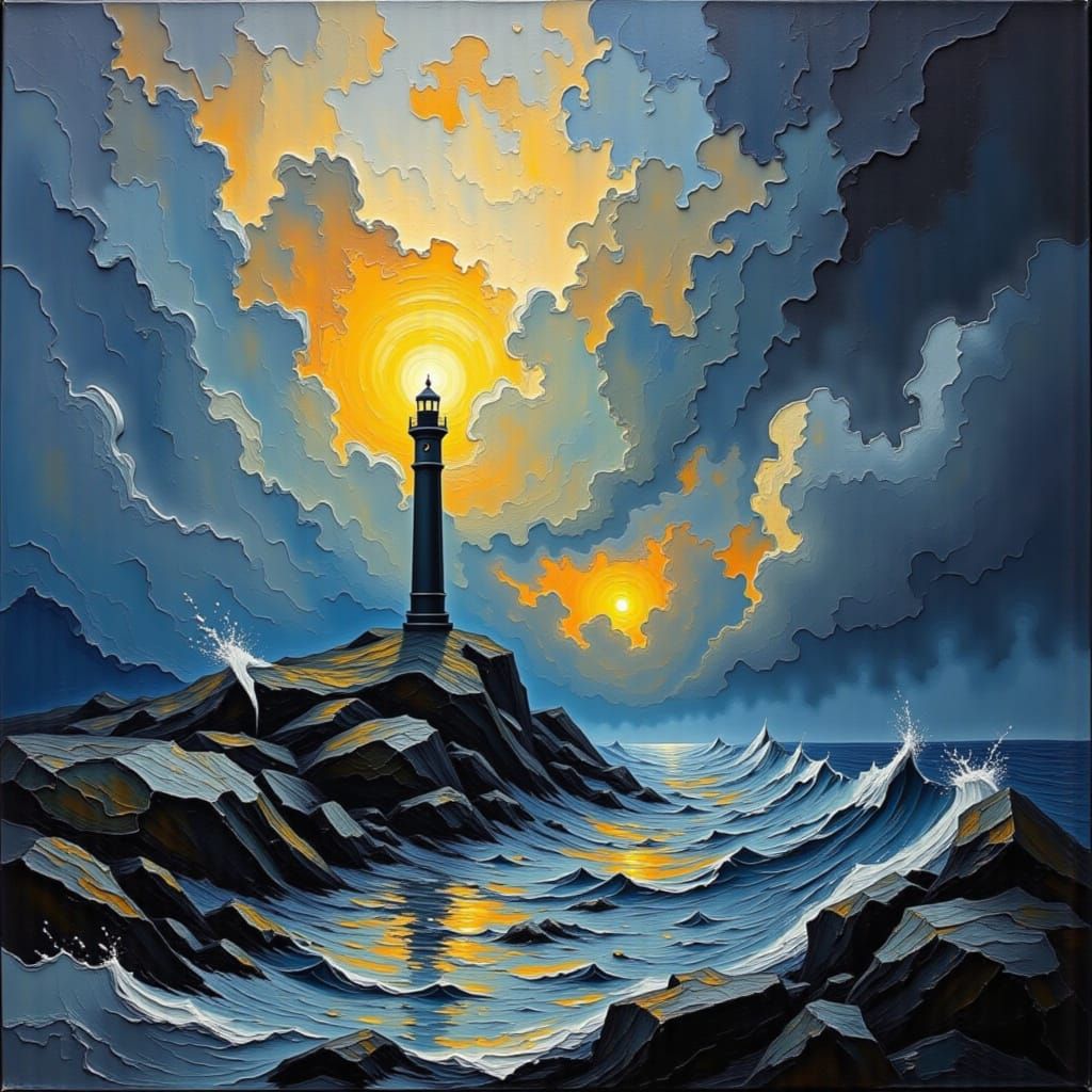 Impasto Lighthouse Shines on Stormy Sea