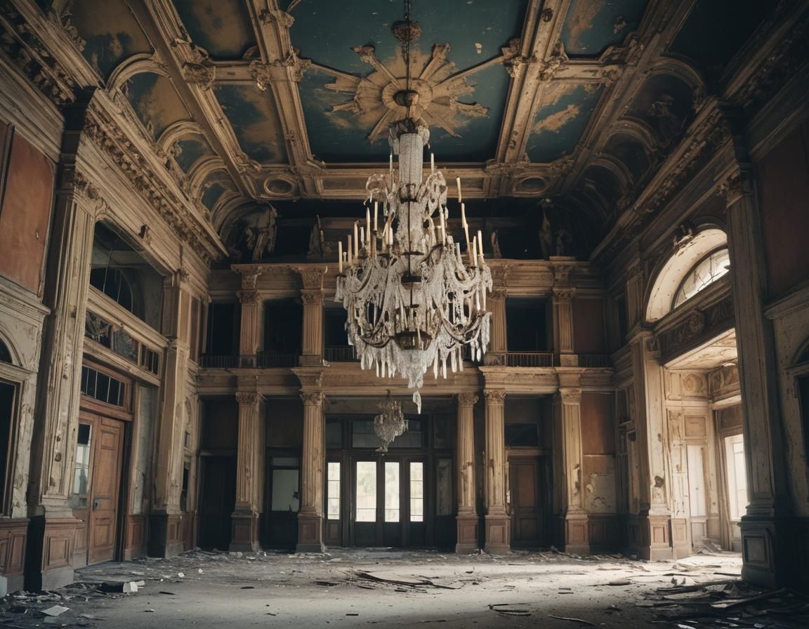 Abandoned Grand Entryway with Broken Chandelier
