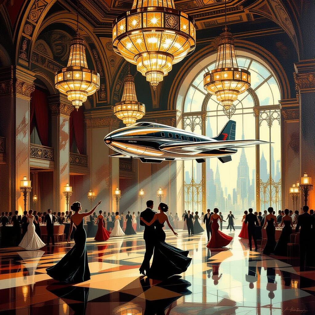 Art Deco Ballroom with Flying Vehicle in Oil Painting Style